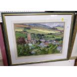 FRAMED AND MOUNTED PASTEL LANDSCAPE OF VILLAGE AND CHURCH WITH HILLS BEYOND, TOGETHER WITH ONE OTHER