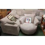 BEIGE CORDED UPHOLSTERED CORNER SOFA WITH SWIVEL ARMCHAIR AND ASSORTED FLORAL SCATTER CUSHIONS
