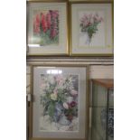 THREE FRAMED AND GLAZED STILL LIFE WATERCOLOURS OF FLOWERS SIGNED SHIRLEY HAWELL