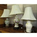 THREE ORIENTAL STYLE CERAMIC TABLE LAMPS WITH CREAM SHADES