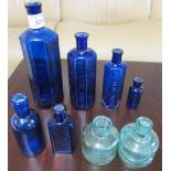 SELECTION OF ANTIQUE BLUE GLASS POISON BOTTLES AND TWO INKS