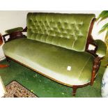 LOW MAHOGANY FRAMED SALON SOFA WITH GREEN DRALON BUTTON BACK UPHOLSTERY