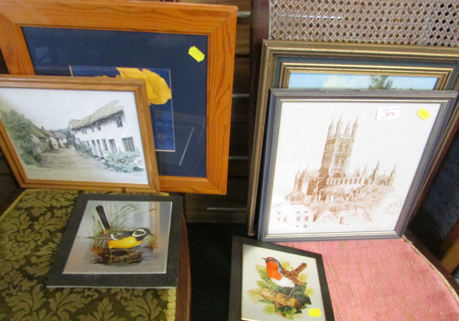 FOUR FRAMED PICTURES AND PRINTS, TOGETHER WITH TWO METAL TILES MOUNTED ON SLATE DEPICTING BIRDS