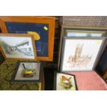 FOUR FRAMED PICTURES AND PRINTS, TOGETHER WITH TWO METAL TILES MOUNTED ON SLATE DEPICTING BIRDS