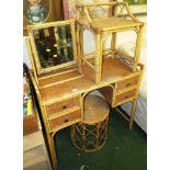 CANE AND RATTAN DRESSING TABLE WITH MIRROR, MATCHING SIDE TABLE AND STOOL