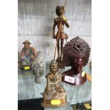 CAST BRASS DEITY FIGURINE, CARVED STONE HEAD, CARVED WOODEN FIGURE OF ORIENTAL MAN, CARVED BUST OF