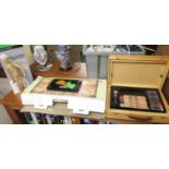 BOXED OIL AND ACRYLIC PAINTING SET, WOODEN CASE OF ART MATERIALS, BOXED TABLE EASEL AND OTHER ITEMS