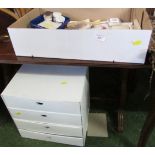 FOUR DRAWER CARDBOARD STORAGE BOX AND ASSORTED ARTIST'S MATERIALS INCLUDING STENCILS AND PRINTING