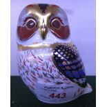 ROYAL CROWN DERBY TAWNY OWL PAPERWEIGHT DESIGNED BY LOUISE ADAMS, WITH GOLD STOPPER
