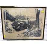 FRAMED AND GLAZED SKETCH PRINT OF WW I TRENCH