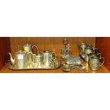 SHELF OF SILVER PLATED METAL WARE INCLUDING TEAPOTS, JUGS, CONDIMENT SET, TRAY, ORIENTAL TRINKET BOX