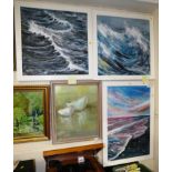 THREE FRAMED ACRYLICS ON BOARDS OF OCEAN WAVES BY STEPHANIE GEORGE