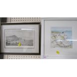 FRAMED AND MOUNTED WATERCOLOUR OF JACOBS LADDER AND FRAMED BLACK AND WHITE ETCHING OF SIDMOUTH