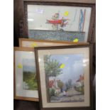 SMALL SELECTION OF FRAMED PICTURES AND PRINTS INCLUDING WATERCOLOUR OF HOUSES AND EMBOSSED PLAQUE OF