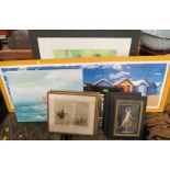 SELECTION OF FRAMED PICTURES AND PRINTS TOGETHER WITH FRAMELESS OIL ON CANVAS