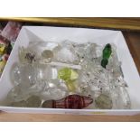 TWO TRAYS OF GLASS AND CERAMIC ITEMS INCLUDING CHANDELIER DROPLETS, STOPPERS AND FLOWERS (A/F)