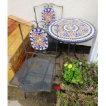 METAL GARDEN BISTRO TABLE WITH MOSAIC TILE TOP AND TWO MATCHING CHAIRS