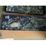 TWO TRAYS OF GLASS DROPLETS, DECANTER STOPPERS, ETC