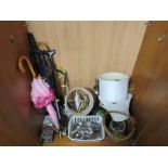 CUPBOARD OF HOME WARE INCLUDING TABLE LAMPS, CUTLERY, UMBRELLAS AND OTHER ITEMS (THREE ITEMS NEED