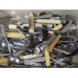 SHELF OF ASSORTED STAINLESS AND BONE HANDLED CUTLERY (SOME BOXED)