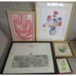 FIVE FRAMED PICTURES, PRINTS AND NEEDLEWORKS