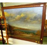 LARGE ANTIQUE OIL ON CANVAS OF SOUTH WEST COASTAL SCENE IN OAK FRAME (A/F)