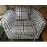 SMALL CONTEMPORARY TUB CHAIR WITH SCATTER CUSHION IN GREY PATTERNED UPHOLSTERY