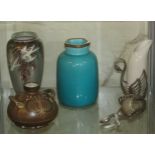 CLEMEN MASSIER VASE (A/F), JAPANESE STYLE OVOID VASE, STUDIO POTTERY POT AND VASE WITH METAL SWAN