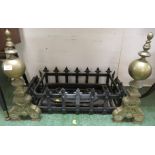 WROUGHT METAL FIRE BASKET AND PAIR OF BRASS FIRE DOGS