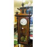 REGULATOR TYPE PENDULUM WALL CLOCK IN MAHOGANY CASE WITH EBONISED PILASTERS, FINIAL AND MASK HEAD (