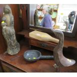 WEATHERED WOODEN FIGURE OF WOMAN AND CHILD, WOODEN DUCK, PADDLE AND TRIBAL WARE SCOOP