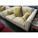 ALSTONS THREE SEATER SOFA IN GREEN AND GOLD STRIPED UPHOLSTERY WITH THREE GREEN SCATTER CUSHIONS (