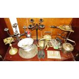 CUPBOARD OF MIXED VINTAGE METALWARE INCLUDING CANDLESTICKS, KETTLES, INKWELL, TRIVET AND COLANDER