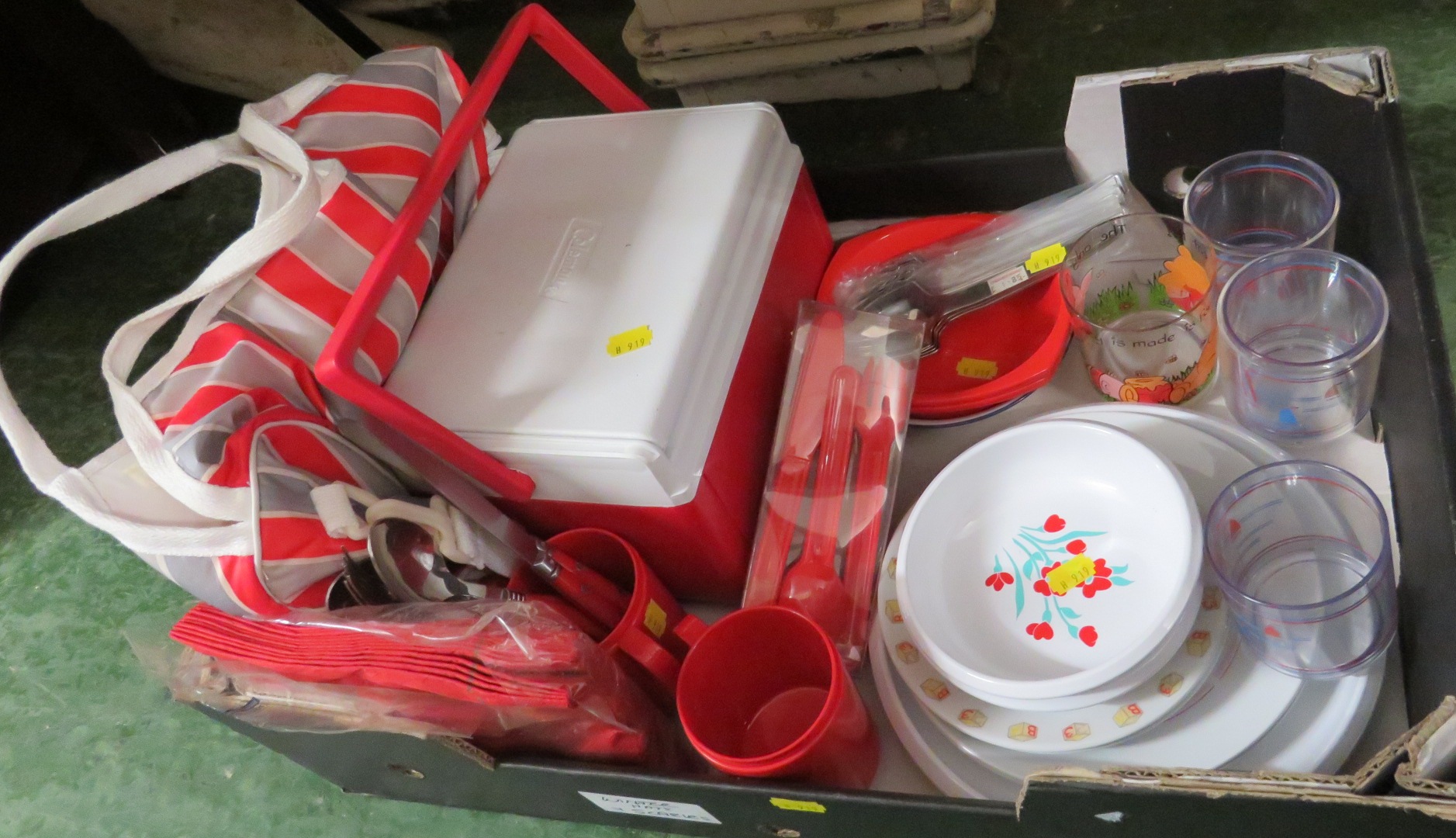 BOX OF PICNIC WARE AND CUTLERY