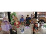 CHINA HALF DOLLS, FIGURE OF WOMAN WITH BASKET (A/F) AND OTHER FIGURINES (ONE SHELF)