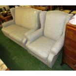 GREY UPHOLSTERED TWO PIECE SUITE COMPRISING WINGBACK TWO SEATER SOFA AND ARMCHAIR