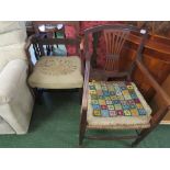 TWO MAHOGANY FRAMED CARVER CHAIRS, ONE WITH RUSH WOVEN SEAT AND ONE WITH NEEDLEWORK SEAT (A/F)