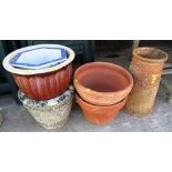 COMPOSITE STONE POT, TERRACOTTA CHIMNEY, TWO TERRACOTTA POTS AND TWO GLAZED POTS