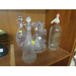 THOMAS WEBB DECANTER, THREE OTHER GLASS STOPPERED DECANTERS AND SODA SIPHON