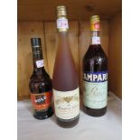 Campari 100cl (one bottle), Bols apricot brandy liqueur, 24%, 50cl (one bottle), Safeway Muscatel de