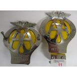 Two 1940s/50s domed metal and yellow enamel AA badges, numbered OD31827 and OU23147