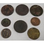 A worn and pitted Irish half penny, early tokens, George III Irish coins, farthings, etc