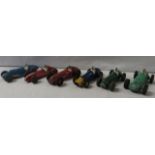Six playworn Dinky Toys model racing cars - 23H Ferrari, 231 Maserati, 230 Talbot Lago, 235 H.W.M,