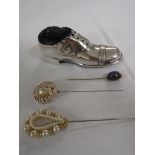 Silver clad pin cushion modelled as a man's shoe, length 12.5cm, marks for Chester, 1912, S