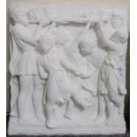 A decorative plaster wall plaque moulded in high relief with a Classical tableau of robed figures,