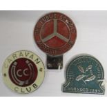 Three car badges - Caravan Club in chromium and enamel, National Trust, and The Public Schools