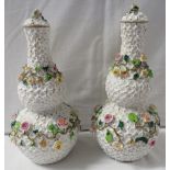 Pair of Ernst Bohne & Sohne schneeballen porcelain pair of flower encrusted double gourd shape vases