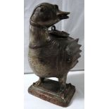 Eastern alloy metal figure of a duck with hinged lid, height 21cm, length 19.5cm