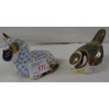 Two Royal Crown Derby paperweights - lamb and blue tit, both with gold stoppers