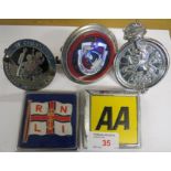 Five badges - St Christopher, Lucas, RNLI, AA, and Colt Owners Club